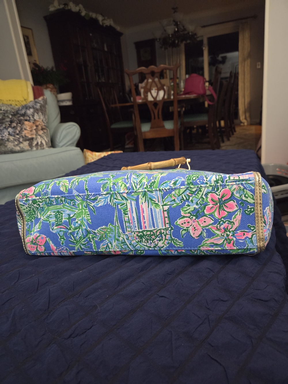 Lilly Pulitzer Blue Tote with Pink and Green Tropical Print - Picture 7 of 7